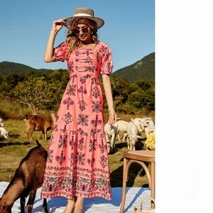 Luna Tuccini Floral Puff Sleeve Ruched Maxi Dress Small